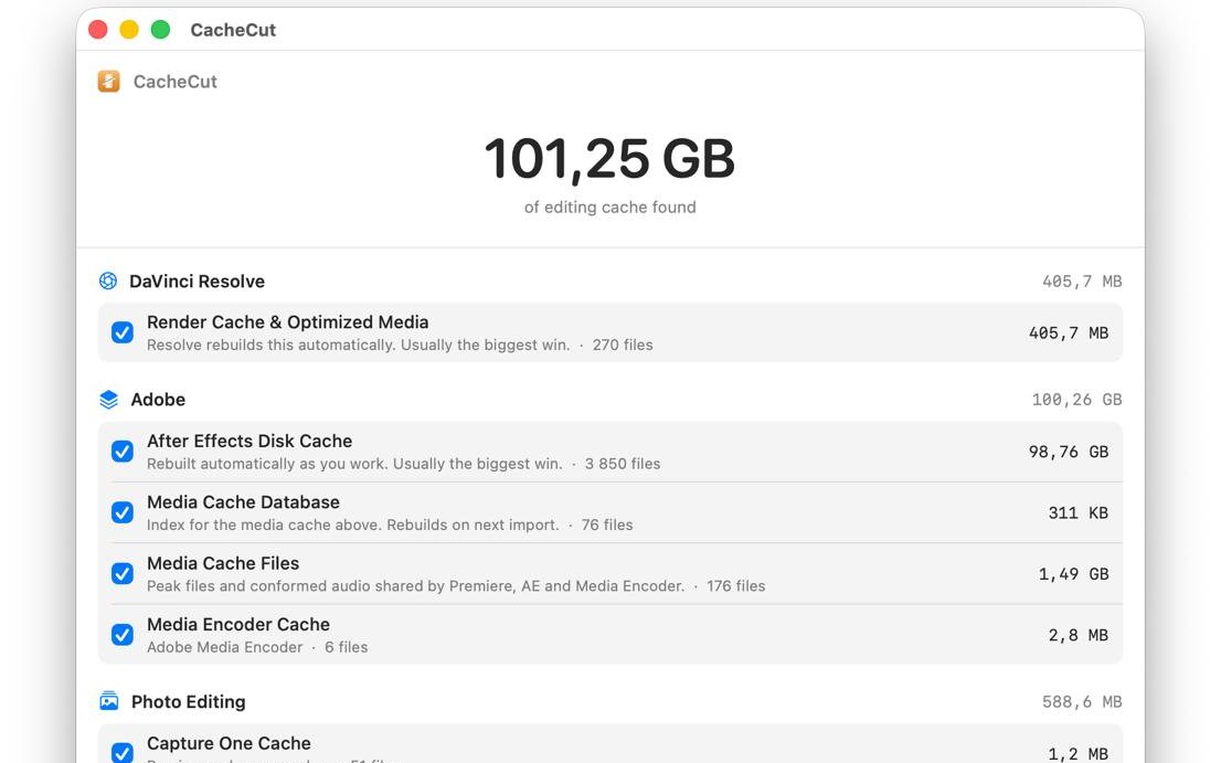 A user's CacheCut scan: 101.25 GB of editing cache found, 98.76 GB of it After Effects disk cache