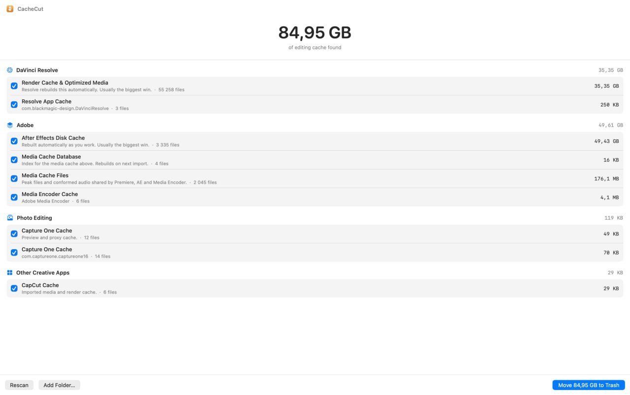 A user's CacheCut scan: 84.95 GB of editing cache found across DaVinci Resolve and Adobe apps