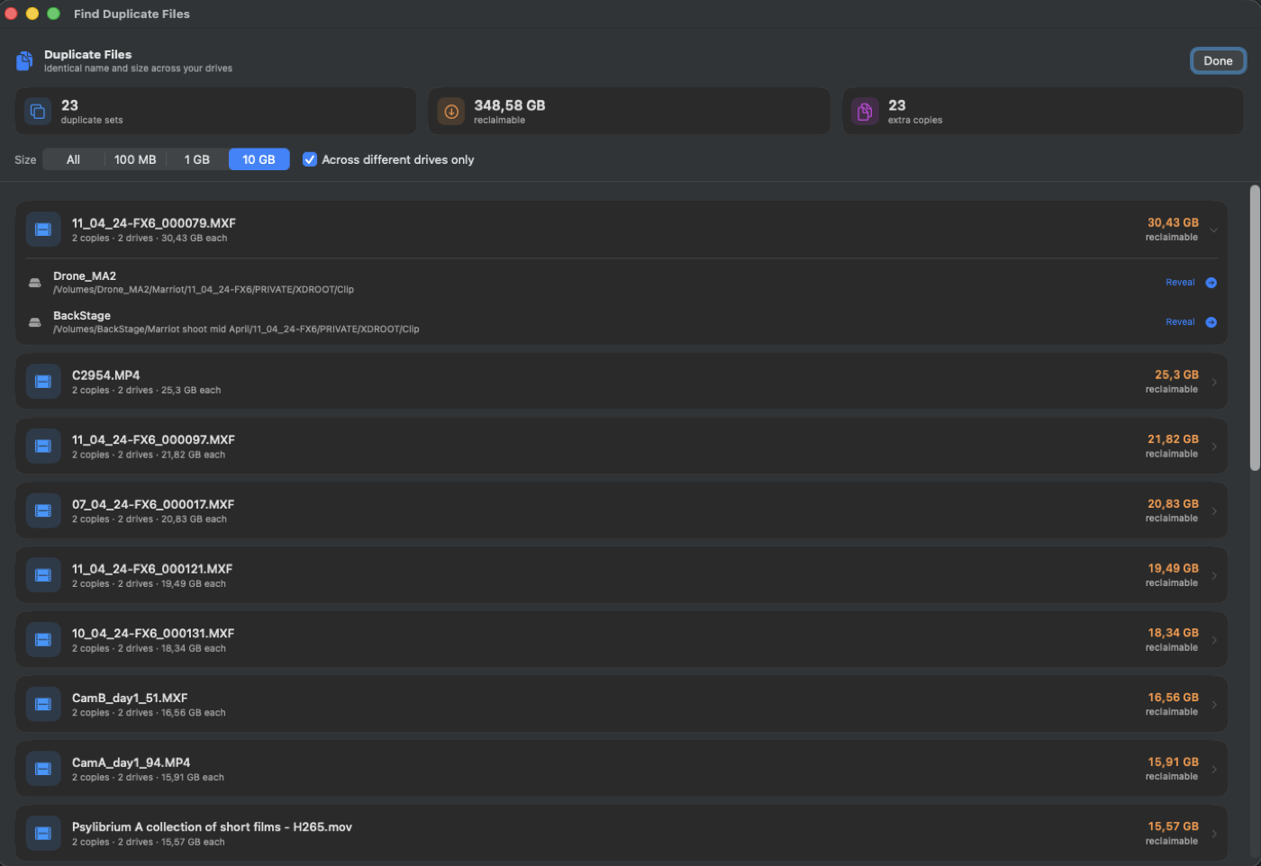 DriveShelf's Duplicate Files view, showing duplicate sets and reclaimable space across drives