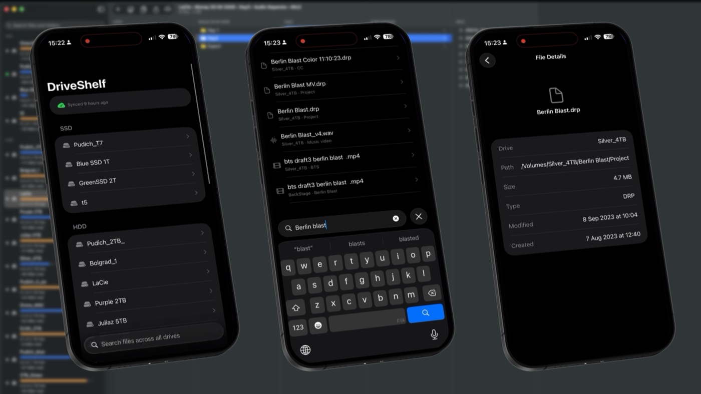The DriveShelf iPhone companion app, showing synced drives, cross-drive search and file details