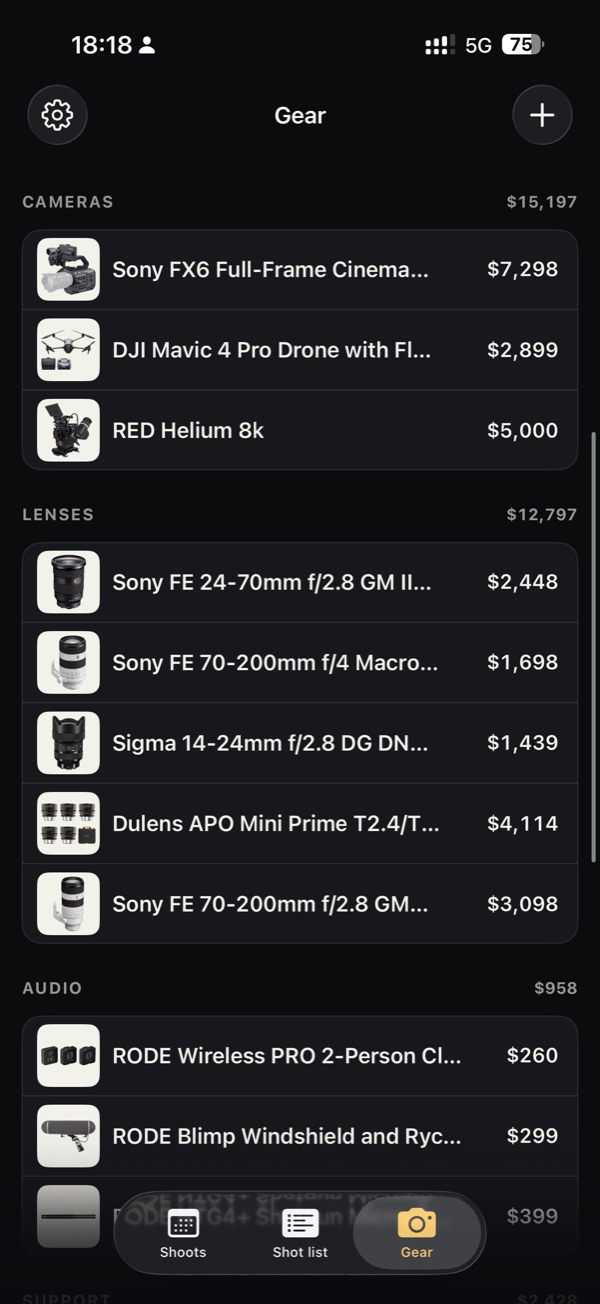 EasyGear's gear list: cameras, lenses and audio, each with a photo, the price paid and a total for each category