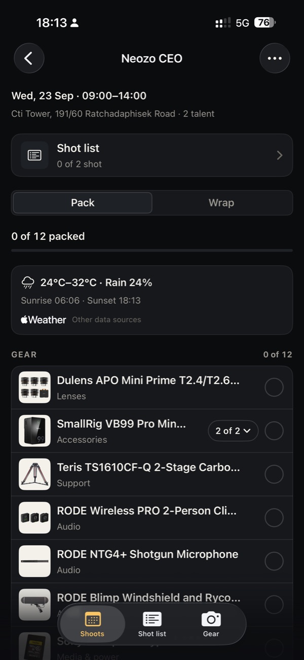 A shoot's pack list in EasyGear, with the day's forecast above the gear still to pack