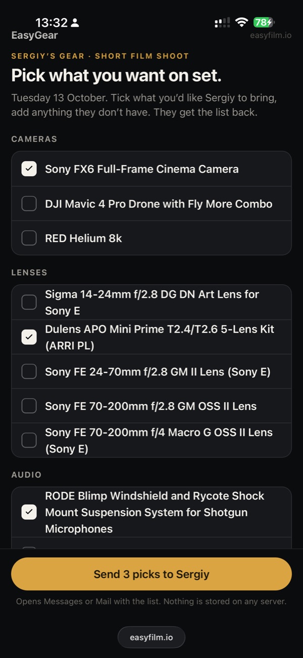 The gear link open in Safari: a filmmaker's kit list with checkboxes and a button to send the picks back