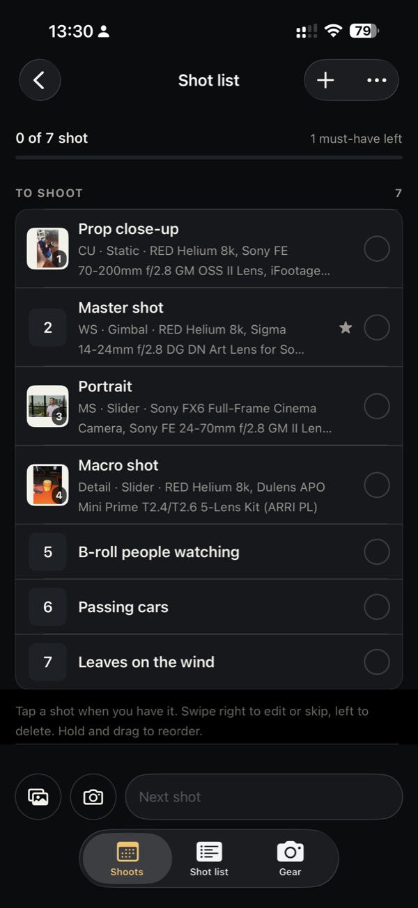 EasyGear's shot list: seven shots to go, three with reference frames, the first four with the camera move and gear they need