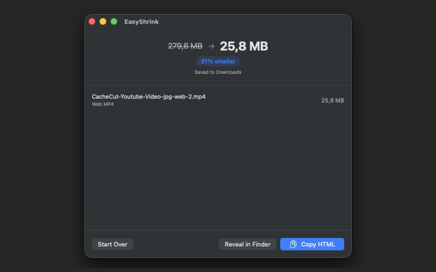 EasyShrink's results screen showing a 91% size reduction and a Copy HTML button