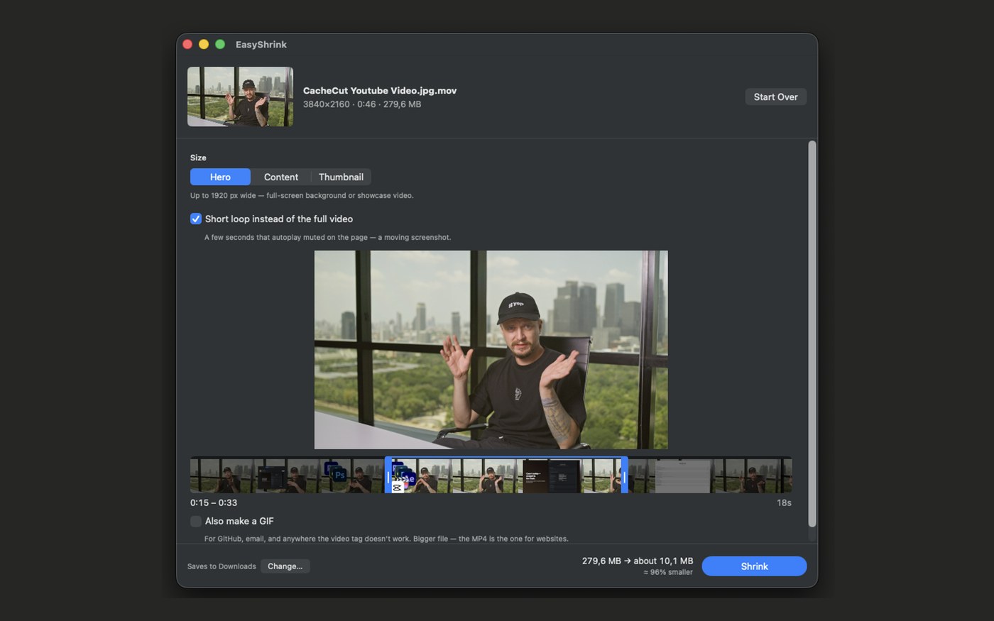 EasyShrink's trim bar, cutting a short autoplay loop from a longer clip