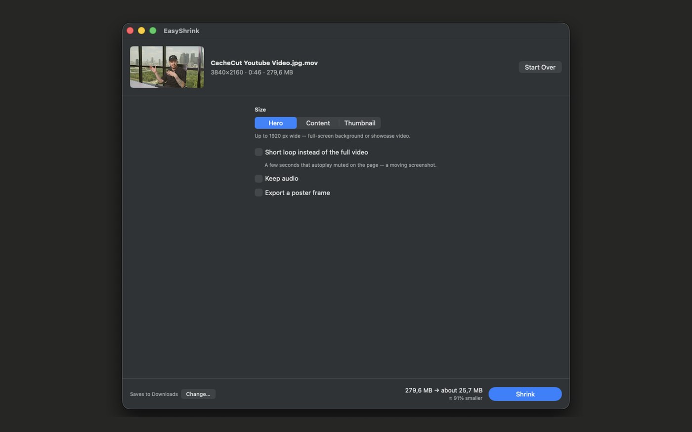 EasyShrink's Hero, Content and Thumbnail size options