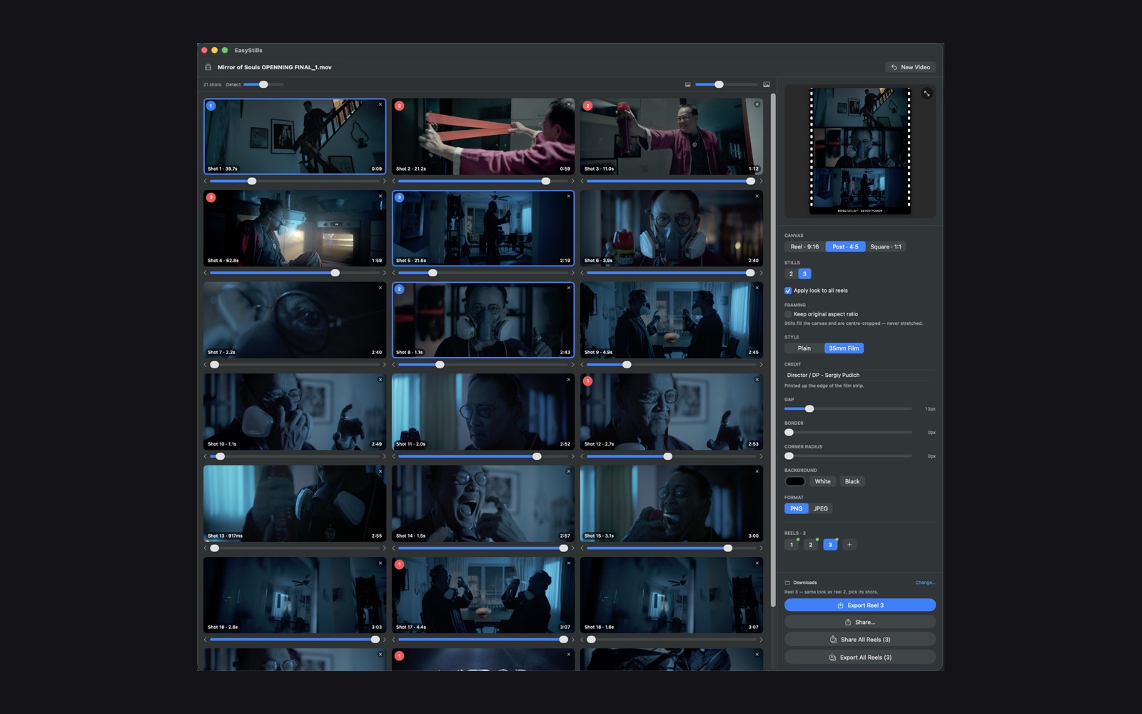 EasyStills shot grid, one card per shot